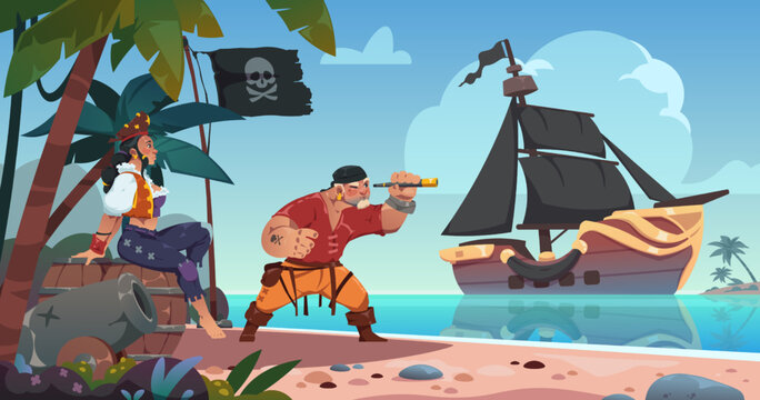 Pirates on tropical island. Sea landscape with pirate ship and male character looking at spyglass. Cartoon woman sitting on wooden barrel