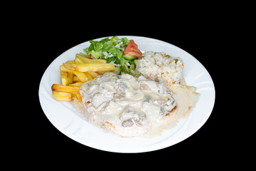Mushroom Chicken in a white plate on a black background