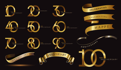 Set of anniversary logotype and gold ribbon.