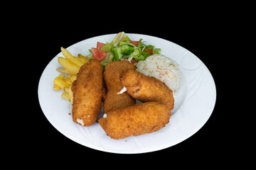 Fried stuffed chicken in a white plate on a black background