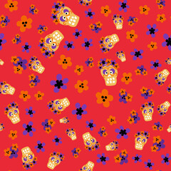 Fototapeta na wymiar Seamless pattern with cartoon style skulls and flowers for the Day of the Dead in Mexico. Vector texture