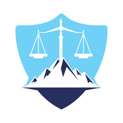Mountains and symbols of justice. Law scale logo concept design.