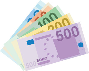 Euro currency banknotes. Big stack of money. Simple, flat style. Graphic vector illustration. European paper money backdrop with 100, 200 and 500 euros bills. Isometric view on a white background