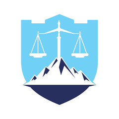 Mountains and symbols of justice. Law scale logo concept design.