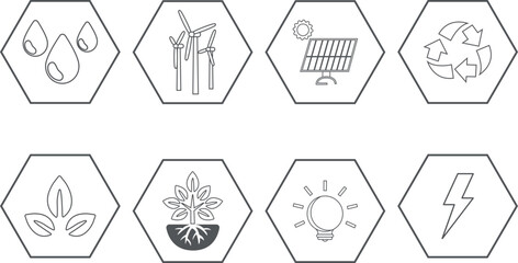 Eco collection with various icons on the theme of ecology and green energy. Line icon electric power clean energy concept. Editable stroke, isolated scalable vector icons illustration. Set of eco 