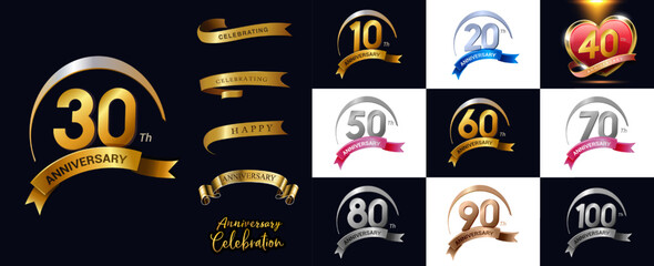 Set of anniversary logotype and gold ribbon. - obrazy, fototapety, plakaty