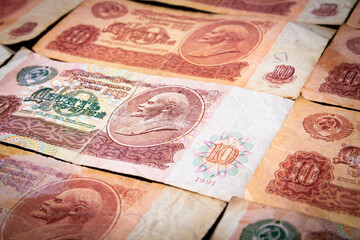Soviet money. Old banknotes of Russia. Money fund. Payment in rubles.