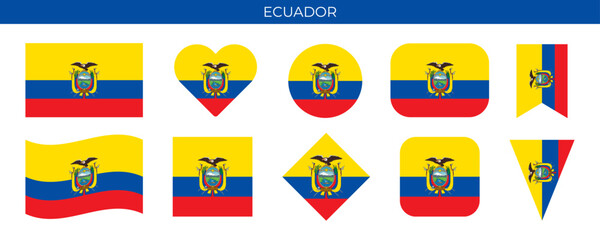Ecuador flag set. Vector illustration isolated on white background - obrazy, fototapety, plakaty