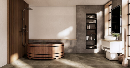 The Bath and toilet on bathroom japanese wabi sabi style .3D rendering