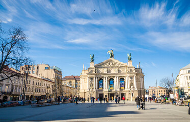 Opera and Ballet Theater in Old town of Lviv, Ukraine. Sunny weather in Lviv - obrazy, fototapety, plakaty