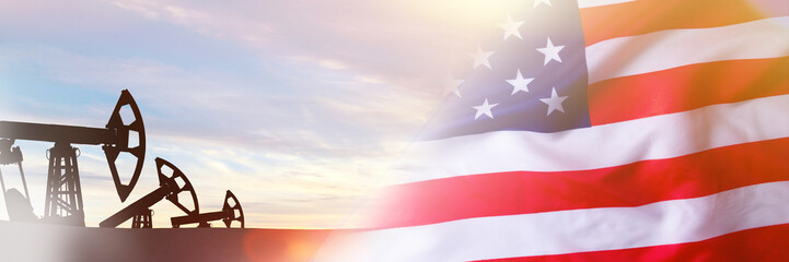 Flag of America and oil rig. Oil in USA. Oil field discovery.
