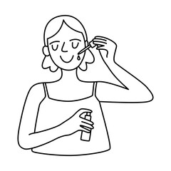 Vector doodle hand drawn illustration of a woman applying skincare treatment, skincare routine