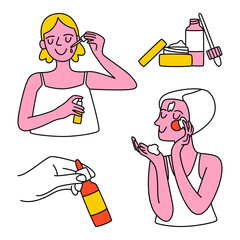 Set of vector doodle hand drawn illustrations of women applying skincare treatment