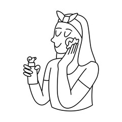 Vector doodle hand drawn illustration of a woman applying skincare treatment, skincare routine