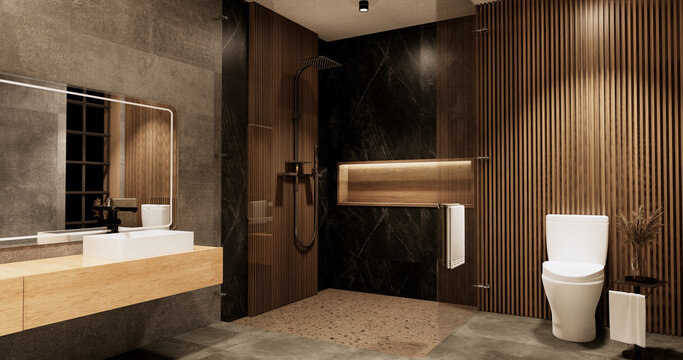 The Bath and toilet on bathroom japanese wabi sabi style .3D rendering