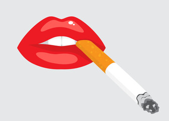 Sexy female red lips with a cigarette in their teeth. Isolated vector illustration