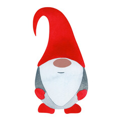 A smiling Christmas gnome. Christmas watercolor illustration. Can be used for design, Christmas design, greeting card design and invitation cards.