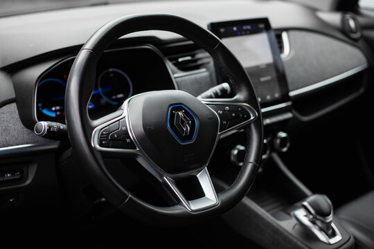 Renault zoe electric car, close-up steering wheel interior.