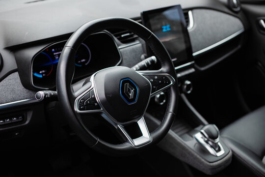 Renault zoe electric car, close-up steering wheel interior.