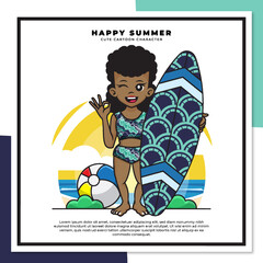 Cute cartoon character of summer black girl is holding surfboard