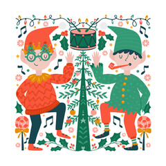 Santa's helpers elves are dancing Christmas party