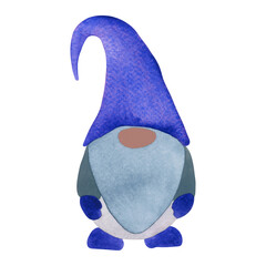 A watercolor Christmas gnome in a blue hat. Christmas watercolor illustration, suitable for the design of holiday cards, invitations.