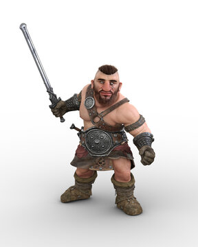 3D rendering of a fantasy Dwarf or barbarian warrior character in fighting pose with a sword isolated on a transparent background.
