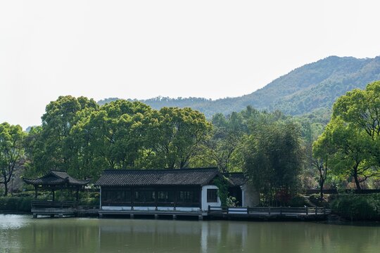 Wooden Chinese  building on the surface of water in Shaoxing, China