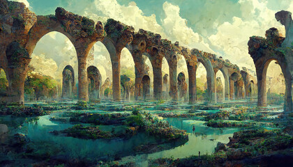 AI generated image of an ancient ruined Roman aqueduct somewhere in Europe  - obrazy, fototapety, plakaty