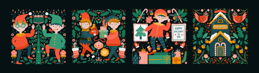 Obraz na płótnie Canvas Greeting card with Christmas elves and scandinavian decorations