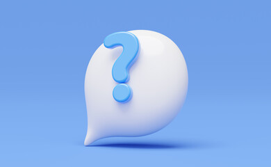 3d question mark bubble icon. Glossy speech balloon for ask FAQ or QA answer symbol. Talk support messages box online concept. Comment text cloud. Cartoon icon minimal smooth. 3d render. Clipping path