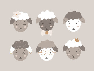 Cute vector collection of sheeps icons. Doodle set of lambs for children print. Hand drawn sheep head for kids