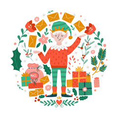 Obraz na płótnie Canvas Greeting card with Christmas elf and scandinavian decorations