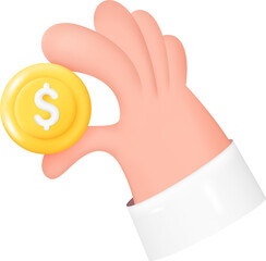 Hand Holding Golden Coin with Dollar Sign. Money Saving, Online Payment, Cashback Concept. 3D Illustration Isolated on Transparent Background