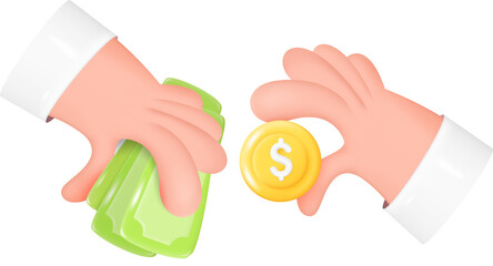Hand Holding Dollar Coin for Transfer to Banknote. Exchange Money Concept for Online Payment. 3D Illustration Isolated on Transparent Background