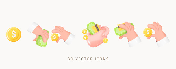 3d Money Concept Vector Icon Set. Dollar Coins, Banknotes, Wallet with Cash, Hands Holding Money. Exchange Money Concept , Online Payment, Charity Sign. 3D Vector Illustration - 539774462