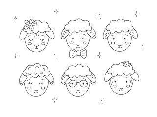Cute vector collection of outline sheeps icons. Doodle contour set of lambs for children print. Hand drawn sheep head for kids
