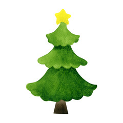 Christmas tree with a star. Christmas watercolor illustration.