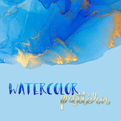 Abstract blue watercolor pattern with drops, blobs and golden parts