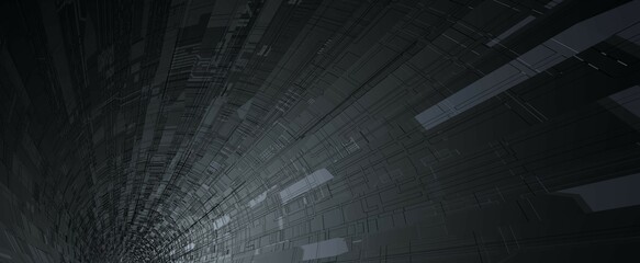 Dark rounded techno abstract background. Futuristic steel strips of tunnel with 3d render gradient and chrome inserts. Texture intersecting lines of mechanisms and boards