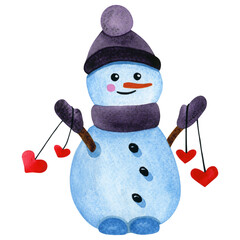 Christmas watercolor illustration of a snowman with hearts. It can be used for design, for the design of New Year's cards, invitations.