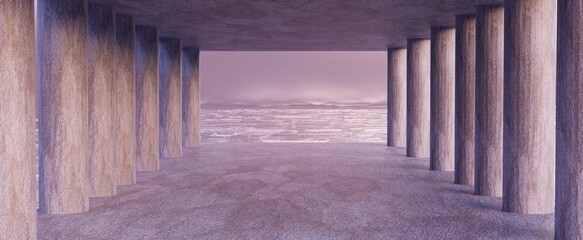 Room made of pink stone with columns background. Blank temple with 3d render purple concrete floor and futuristic desert in distance.. Abstract portal to another multiverse and worlds