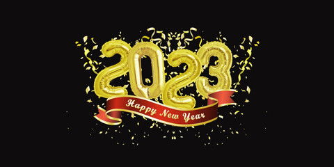 2023 golden decoration holiday on trendy black background. Shiny party background. 2023 image of gold foil balloons with realistic festive objects, glittering gold confetti and Happy New Year.