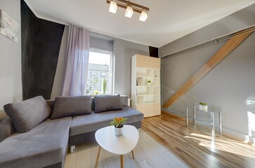 Salon pokój z kanapą w małym mieszkaniu kawalerce - obrazy, fototapety, plakaty