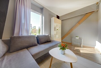 Salon pokój z kanapą w małym mieszkaniu kawalerce - obrazy, fototapety, plakaty