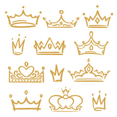 Gold sketch crowns. Various royal accessories for queen and king, prince and princess. Hand drawn diadems