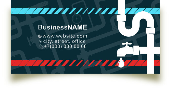 Plumbing repair and service business card. Water pipes and water supply systems. Water faucet with water drop