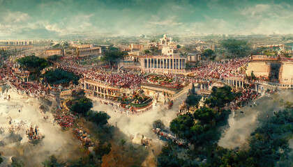 AI generated image of aerial view of ancient Rome with palaces, temples, gardens, roads, markets, chariots and people walking around 