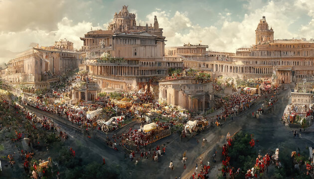 AI generated image of aerial view of ancient Rome with palaces, temples, gardens, roads, markets, chariots and people walking around 