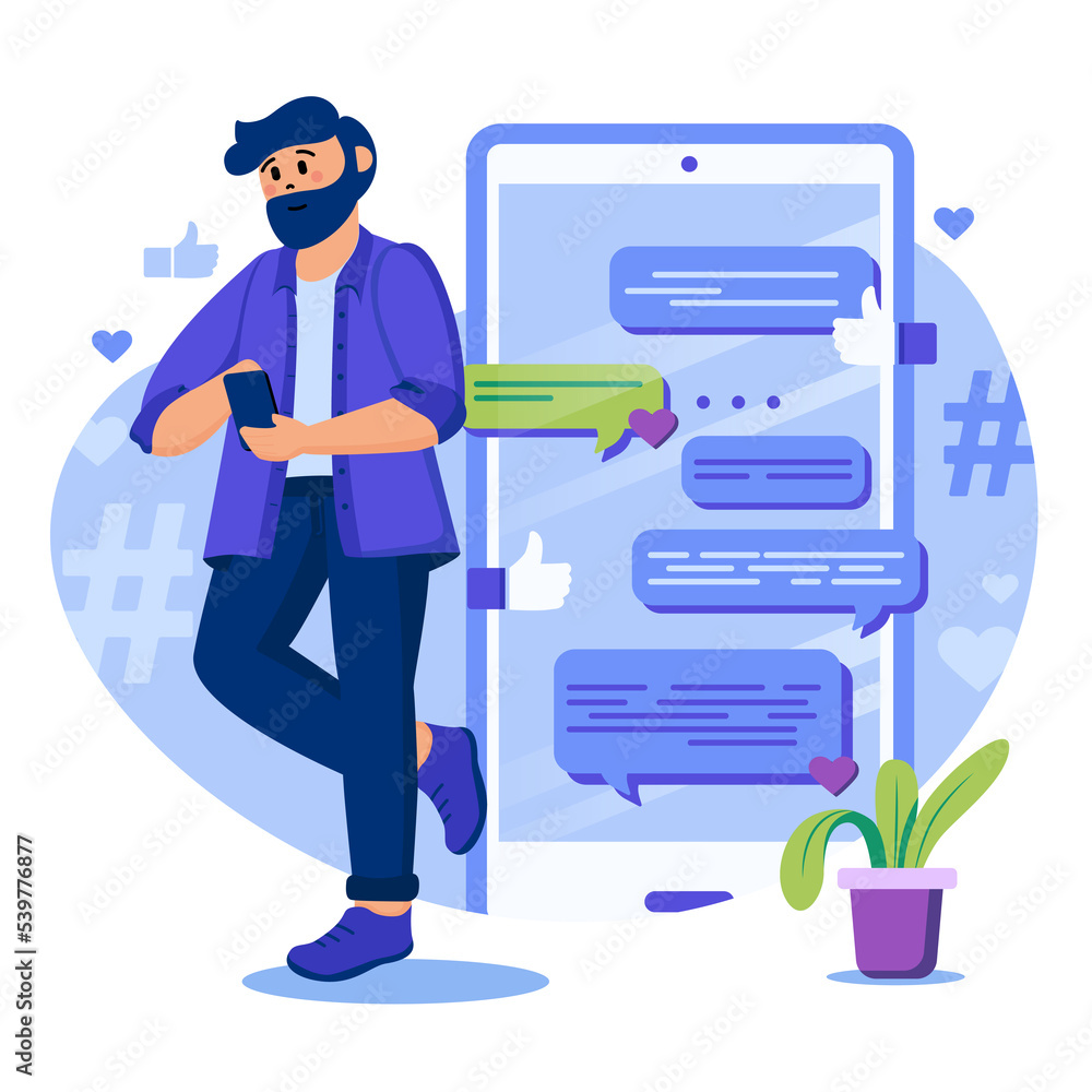 Poster social media concept. man is texting in messenger with friends. active internet user communicates on